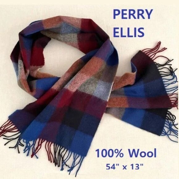 Vintage Perry Ellis Wool Plaid Scarf Size 54x13 Blue Red Tan Checked 80s 90s - Picture 3 of 10